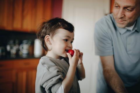 一个小男孩正在吃草莓，他的父亲凑过来看着。