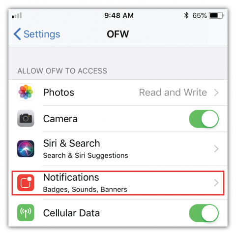 在你的设备的OFW应用的权限设置中，点击“通知”来管理你的推送通知。